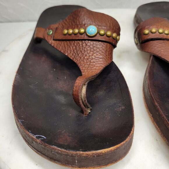 VTG Calleen Cordero Leather Flip Flops Womens 11 Brown Thong Sandals Boho - Picture 3 of 16